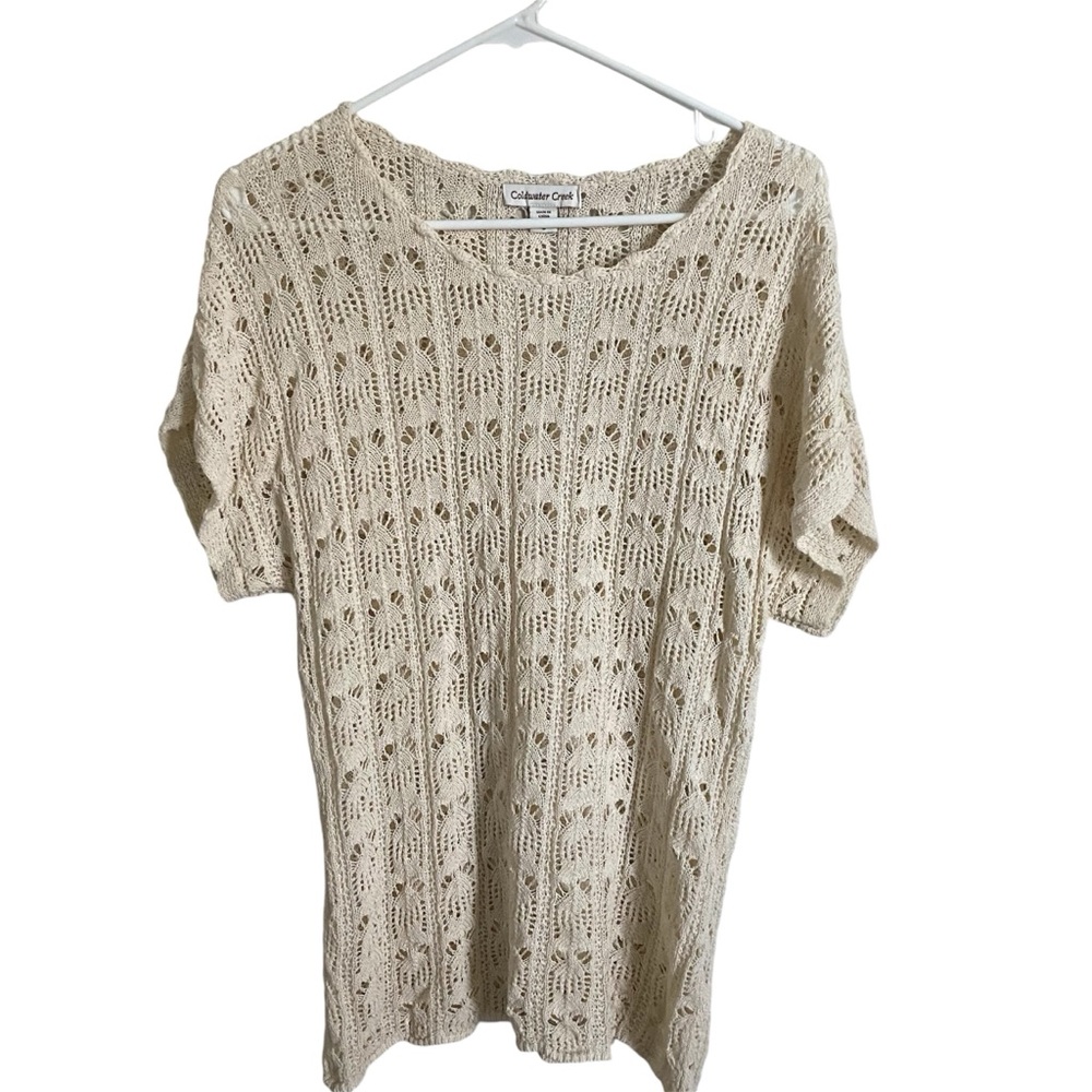 Coldwater Creek Crochet Knit Cream Short Sleeve Blouse Small